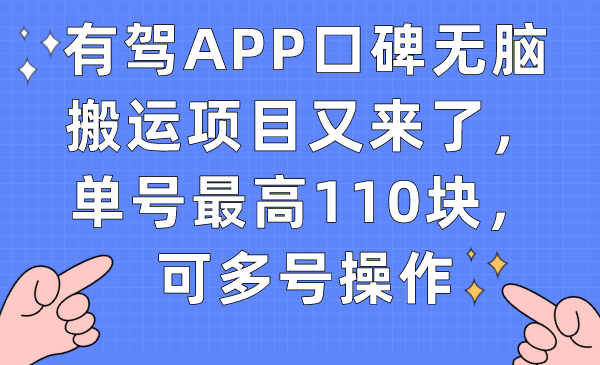 有驾APP口碑无脑搬运项目又来了，单号最高110块，可多号操作-宝籍资源