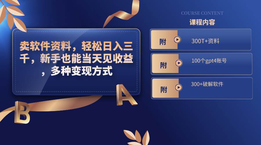 卖软件资料，轻松日入三千，新手也能当天见收益，多种变现方式，（附300T+资料，100个gpt4账号，300+破解软件）-宝籍资源