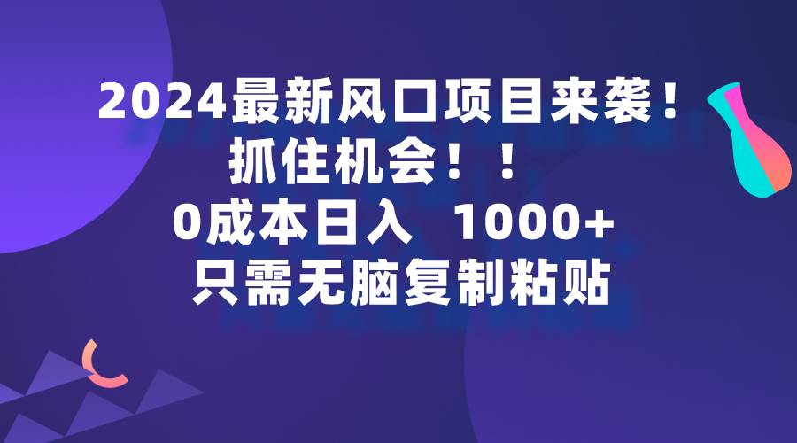 2024最新风口项目来袭，抓住机会，0成本一部手机日入1000+，只需无脑复…-宝籍资源