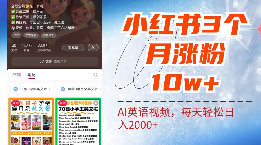 小红书三个月涨粉10W！AI英语视频0成本制作，每天轻松日入2000+-宝籍资源
